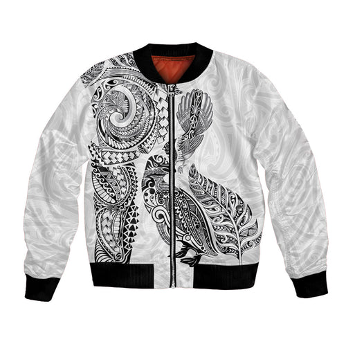 Aotearoa Moko Tribal Tattoo Bomber Jacket New Zealand Maori Penguin and Fantail White Color