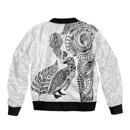 Aotearoa Moko Tribal Tattoo Bomber Jacket New Zealand Maori Penguin and Fantail White Color