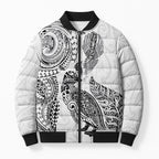 Aotearoa Moko Tribal Tattoo Bomber Puffer Jacket New Zealand Maori Penguin and Fantail White Color