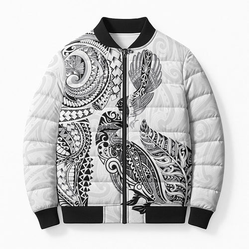 Aotearoa Moko Tribal Tattoo Bomber Puffer Jacket New Zealand Maori Penguin and Fantail White Color
