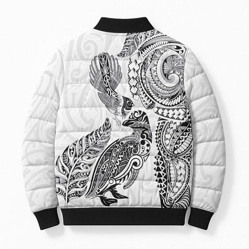 Aotearoa Moko Tribal Tattoo Bomber Puffer Jacket New Zealand Maori Penguin and Fantail White Color