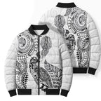 Aotearoa Moko Tribal Tattoo Bomber Puffer Jacket New Zealand Maori Penguin and Fantail White Color