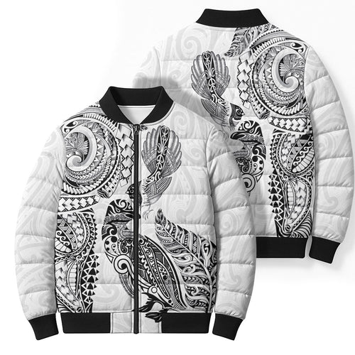 Aotearoa Moko Tribal Tattoo Bomber Puffer Jacket New Zealand Maori Penguin and Fantail White Color