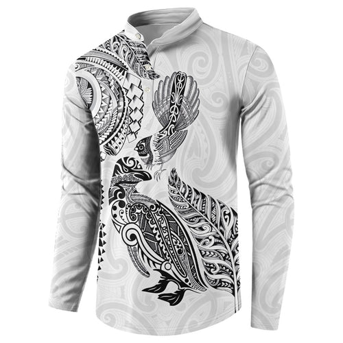 Aotearoa Moko Tribal Tattoo Button Sweatshirt New Zealand Maori Penguin and Fantail White Color