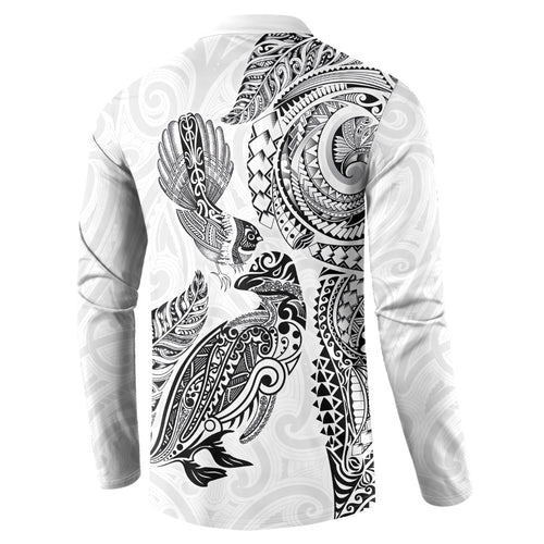 Aotearoa Moko Tribal Tattoo Button Sweatshirt New Zealand Maori Penguin and Fantail White Color
