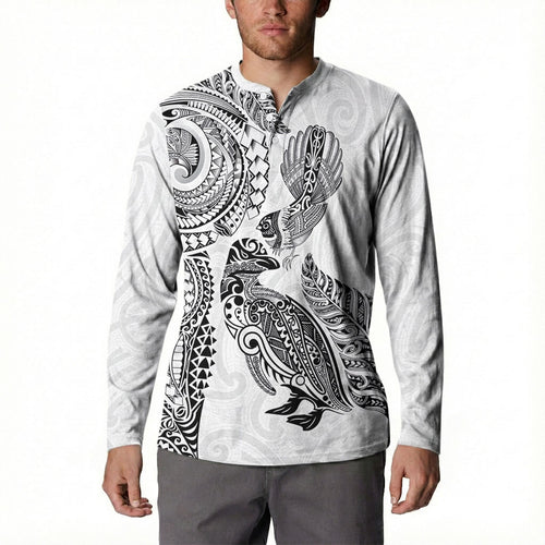 Aotearoa Moko Tribal Tattoo Button Sweatshirt New Zealand Maori Penguin and Fantail White Color