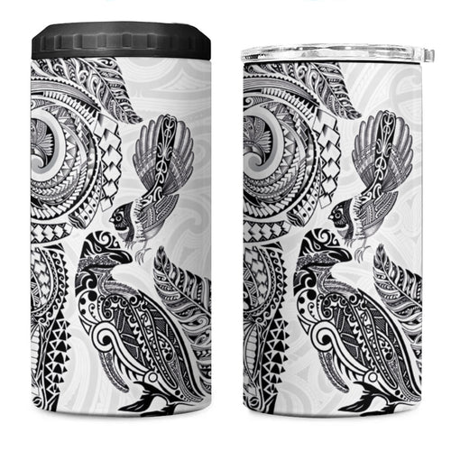 Aotearoa Moko Tribal Tattoo 4 in 1 Can Cooler Tumbler New Zealand Maori Penguin and Fantail White Color