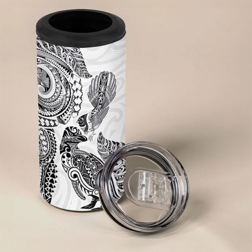 Aotearoa Moko Tribal Tattoo 4 in 1 Can Cooler Tumbler New Zealand Maori Penguin and Fantail White Color