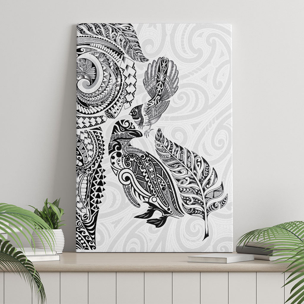 Aotearoa Moko Tribal Tattoo Canvas Wall Art New Zealand Maori Penguin and Fantail White Color