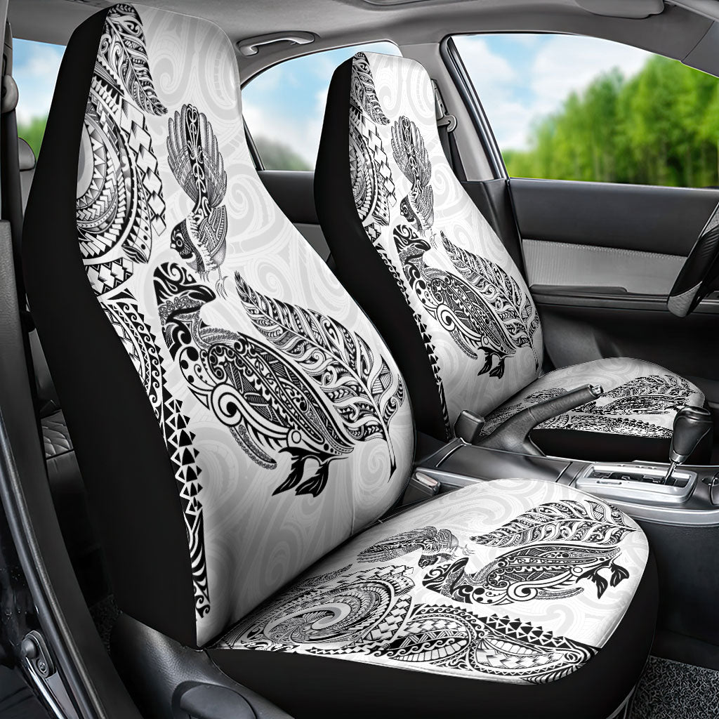 Aotearoa Moko Tribal Tattoo Car Seat Cover New Zealand Maori Penguin and Fantail White Color