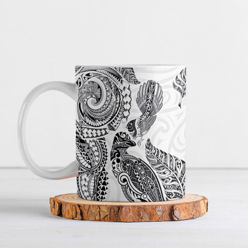 Aotearoa Moko Tribal Tattoo Ceramic Mug New Zealand Maori Penguin and Fantail White Color