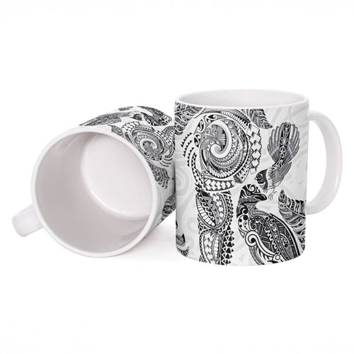 Aotearoa Moko Tribal Tattoo Ceramic Mug New Zealand Maori Penguin and Fantail White Color