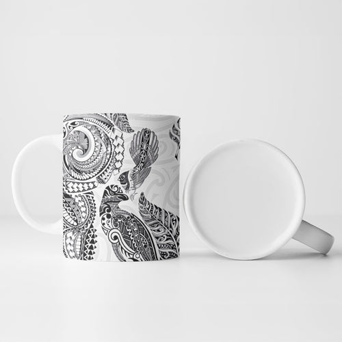 Aotearoa Moko Tribal Tattoo Ceramic Mug New Zealand Maori Penguin and Fantail White Color