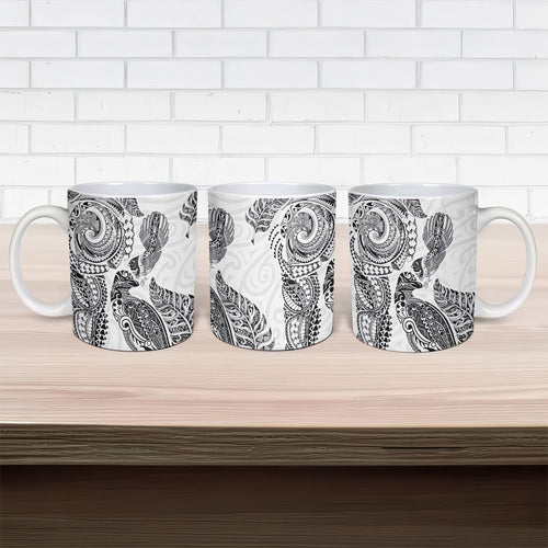 Aotearoa Moko Tribal Tattoo Ceramic Mug New Zealand Maori Penguin and Fantail White Color