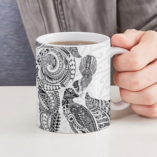 Aotearoa Moko Tribal Tattoo Ceramic Mug New Zealand Maori Penguin and Fantail White Color