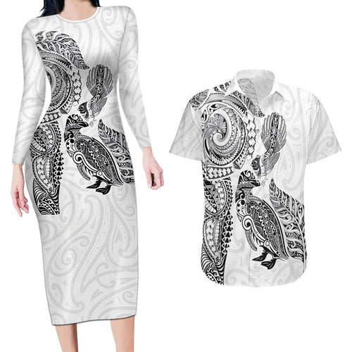 Aotearoa Moko Tribal Tattoo Couples Matching Long Sleeve Bodycon Dress and Hawaiian Shirt New Zealand Maori Penguin and Fantail White Color