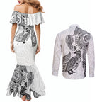 Aotearoa Moko Tribal Tattoo Couples Matching Mermaid Dress and Long Sleeve Button Shirt New Zealand Maori Penguin and Fantail White Color