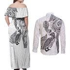 Aotearoa Moko Tribal Tattoo Couples Matching Off Shoulder Maxi Dress and Long Sleeve Button Shirt New Zealand Maori Penguin and Fantail White Color