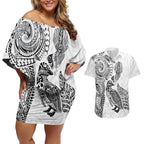 Aotearoa Moko Tribal Tattoo Couples Matching Off Shoulder Short Dress and Hawaiian Shirt New Zealand Maori Penguin and Fantail White Color
