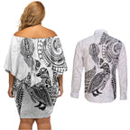 Aotearoa Moko Tribal Tattoo Couples Matching Off Shoulder Short Dress and Long Sleeve Button Shirt New Zealand Maori Penguin and Fantail White Color