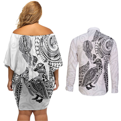 Aotearoa Moko Tribal Tattoo Couples Matching Off Shoulder Short Dress and Long Sleeve Button Shirt New Zealand Maori Penguin and Fantail White Color