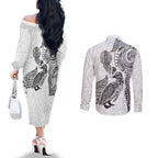Aotearoa Moko Tribal Tattoo Couples Matching Off The Shoulder Long Sleeve Dress and Long Sleeve Button Shirt New Zealand Maori Penguin and Fantail White Color