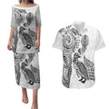 Aotearoa Moko Tribal Tattoo Couples Matching Puletasi and Hawaiian Shirt New Zealand Maori Penguin and Fantail White Color