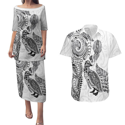 Aotearoa Moko Tribal Tattoo Couples Matching Puletasi and Hawaiian Shirt New Zealand Maori Penguin and Fantail White Color