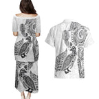 Aotearoa Moko Tribal Tattoo Couples Matching Puletasi and Hawaiian Shirt New Zealand Maori Penguin and Fantail White Color