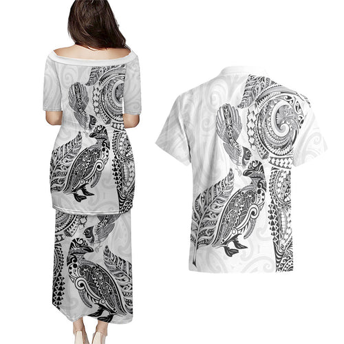 Aotearoa Moko Tribal Tattoo Couples Matching Puletasi and Hawaiian Shirt New Zealand Maori Penguin and Fantail White Color