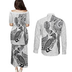 Aotearoa Moko Tribal Tattoo Couples Matching Puletasi and Long Sleeve Button Shirt New Zealand Maori Penguin and Fantail White Color