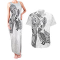 Aotearoa Moko Tribal Tattoo Couples Matching Tank Maxi Dress and Hawaiian Shirt New Zealand Maori Penguin and Fantail White Color