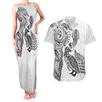 Aotearoa Moko Tribal Tattoo Couples Matching Tank Maxi Dress and Hawaiian Shirt New Zealand Maori Penguin and Fantail White Color