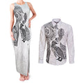 Aotearoa Moko Tribal Tattoo Couples Matching Tank Maxi Dress and Long Sleeve Button Shirt New Zealand Maori Penguin and Fantail White Color