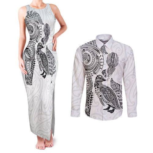 Aotearoa Moko Tribal Tattoo Couples Matching Tank Maxi Dress and Long Sleeve Button Shirt New Zealand Maori Penguin and Fantail White Color