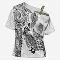 Aotearoa Moko Tribal Tattoo Cross Shoulder Shirt New Zealand Maori Penguin and Fantail White Color