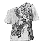 Aotearoa Moko Tribal Tattoo Cross Shoulder Shirt New Zealand Maori Penguin and Fantail White Color