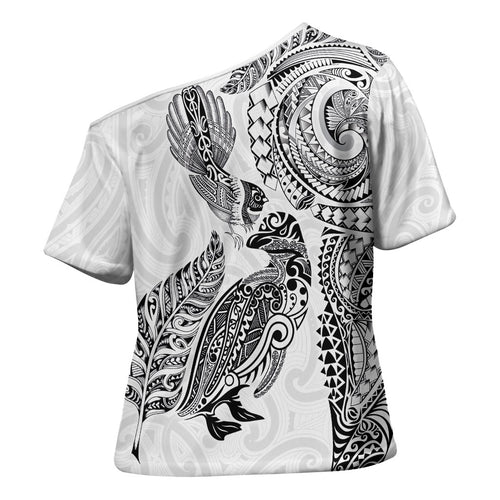 Aotearoa Moko Tribal Tattoo Cross Shoulder Shirt New Zealand Maori Penguin and Fantail White Color