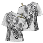 Aotearoa Moko Tribal Tattoo Cross Shoulder Shirt New Zealand Maori Penguin and Fantail White Color