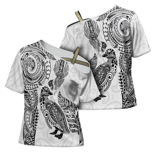 Aotearoa Moko Tribal Tattoo Cross Shoulder Shirt New Zealand Maori Penguin and Fantail White Color