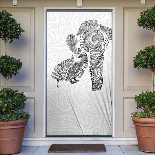 Aotearoa Moko Tribal Tattoo Door Cover New Zealand Maori Penguin and Fantail White Color