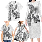 Aotearoa Moko Tribal Tattoo Family Matching Long Sleeve Bodycon Dress and Hawaiian Shirt New Zealand Maori Penguin and Fantail White Color