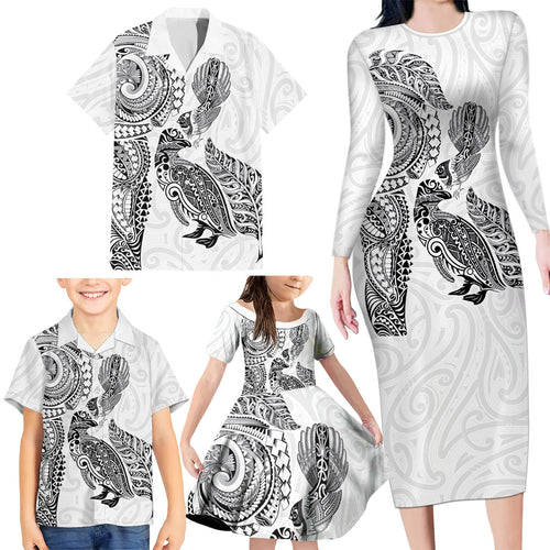 Aotearoa Moko Tribal Tattoo Family Matching Long Sleeve Bodycon Dress and Hawaiian Shirt New Zealand Maori Penguin and Fantail White Color