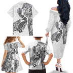 Aotearoa Moko Tribal Tattoo Family Matching Off The Shoulder Long Sleeve Dress and Hawaiian Shirt New Zealand Maori Penguin and Fantail White Color
