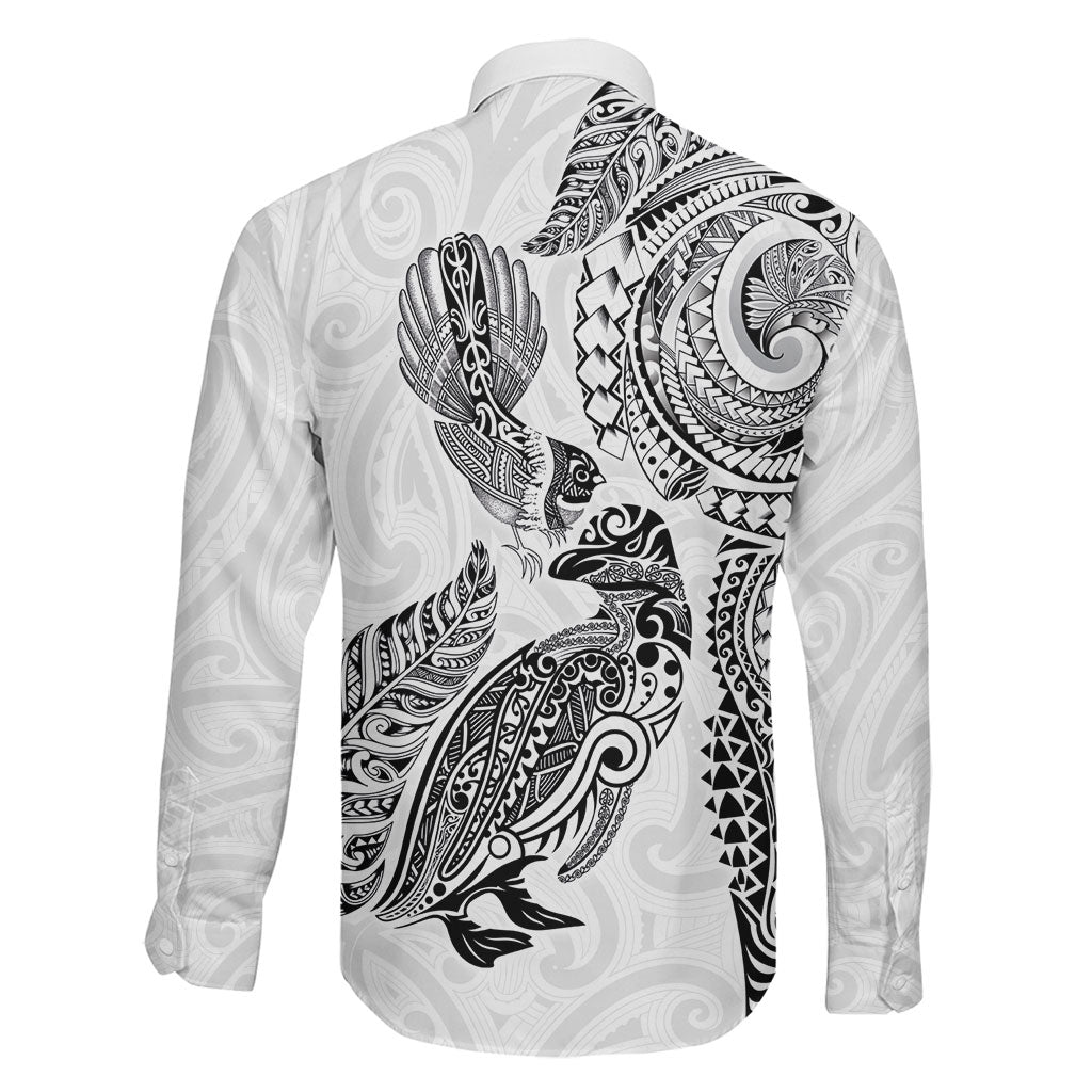 Aotearoa Moko Tribal Tattoo Family Matching Off The Shoulder Long Sleeve Dress and Hawaiian Shirt New Zealand Maori Penguin and Fantail White Color