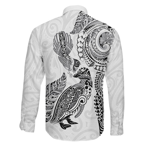 Aotearoa Moko Tribal Tattoo Family Matching Off The Shoulder Long Sleeve Dress and Hawaiian Shirt New Zealand Maori Penguin and Fantail White Color
