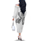 Aotearoa Moko Tribal Tattoo Family Matching Off The Shoulder Long Sleeve Dress and Hawaiian Shirt New Zealand Maori Penguin and Fantail White Color