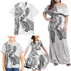 Aotearoa Moko Tribal Tattoo Family Matching Off Shoulder Maxi Dress and Hawaiian Shirt New Zealand Maori Penguin and Fantail White Color