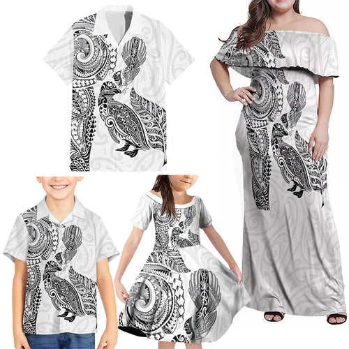 Aotearoa Moko Tribal Tattoo Family Matching Off Shoulder Maxi Dress and Hawaiian Shirt New Zealand Maori Penguin and Fantail White Color