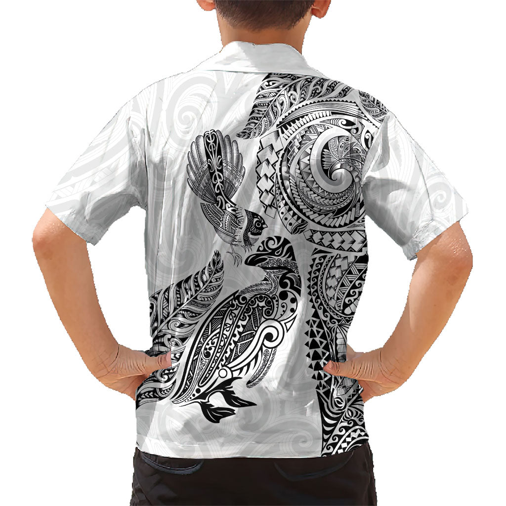 Aotearoa Moko Tribal Tattoo Family Matching Off Shoulder Maxi Dress and Hawaiian Shirt New Zealand Maori Penguin and Fantail White Color